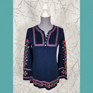 Alp n Rock Navy Cotton Floral Embroidered Bohemian Popover Tunic